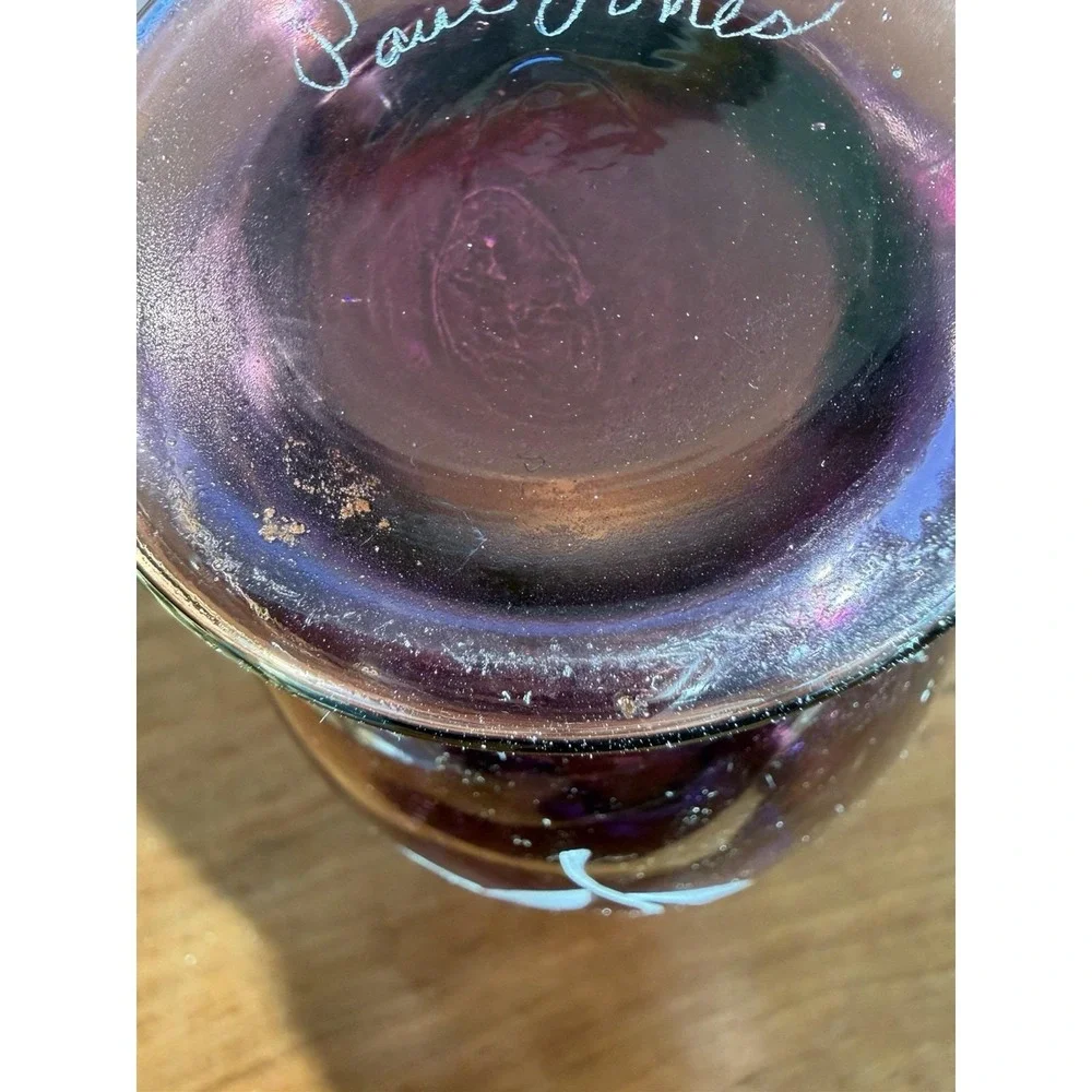 Signed Paul Jones Amethyst Art Studio Glass Vase Acid Etched‎ Iris Fenton 7